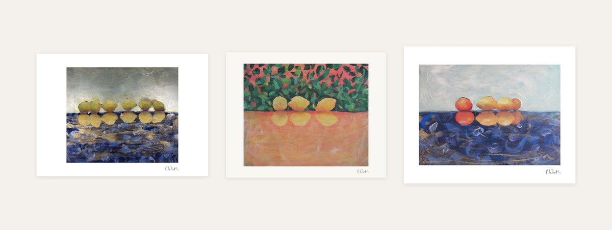 Fruit on the Horizon · Three – every sheet of the set with its white margin and printed signature, laid out side by side