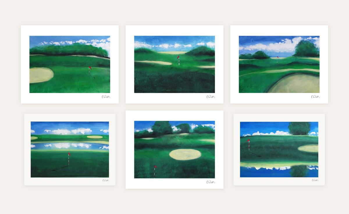 Golf · Six – every sheet of the set with its white margin and printed signature, laid out side by side