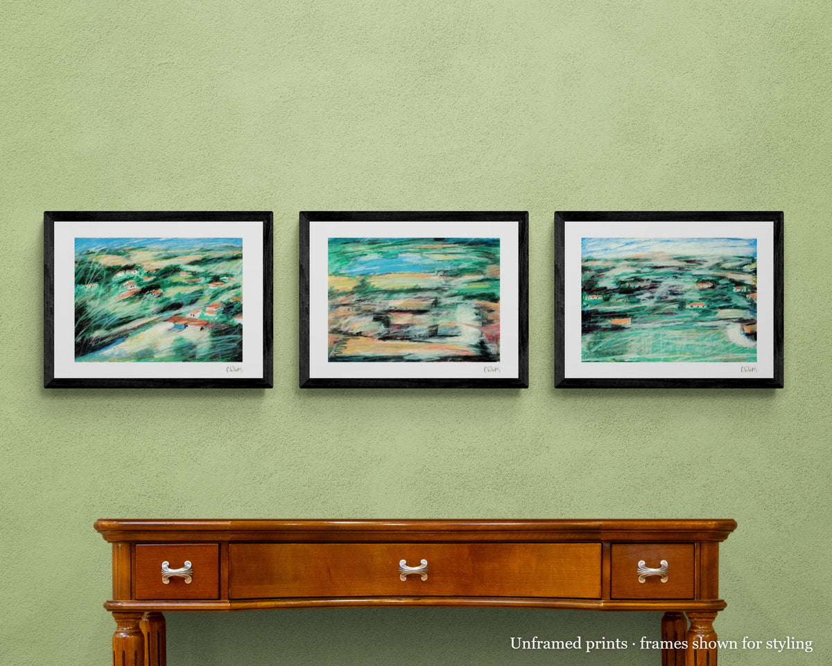 Green Land from Above · Three by Peter Wirth, the set shown framed on a wall – unframed prints, frames shown for styling