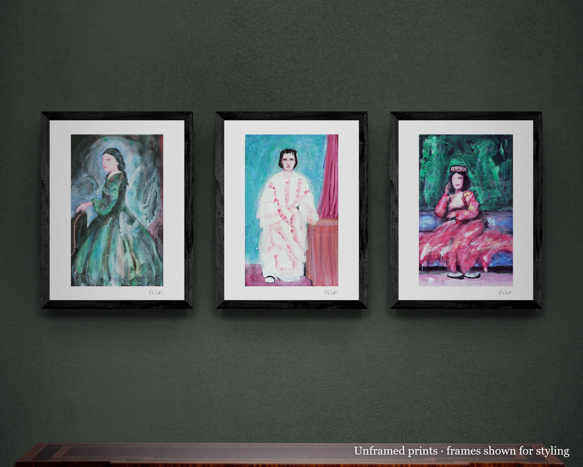 Green Rooms II · Three by Peter Wirth, the set shown framed on a wall – unframed prints, frames shown for styling