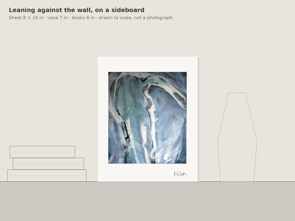 Green Shoulder, White Stream by Peter Wirth, leaning against the wall on a sideboard, drawn to scale