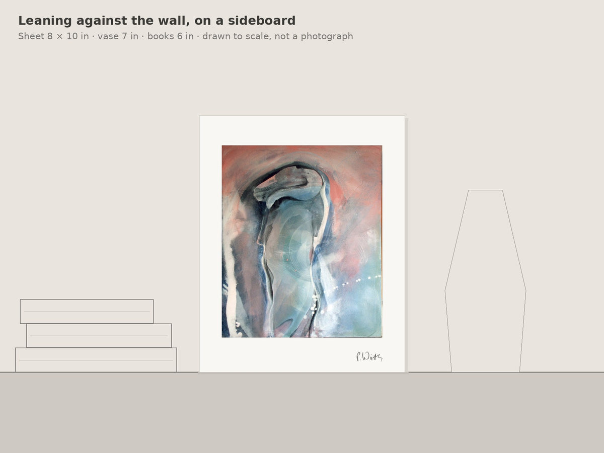 Head in Coral Light by Peter Wirth, leaning against the wall on a sideboard, drawn to scale