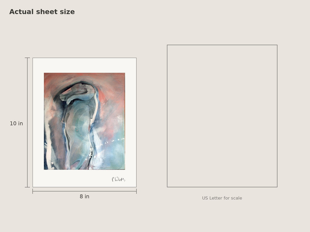 Head in Coral Light by Peter Wirth, sheet size 8 × 10 in beside a US Letter sheet