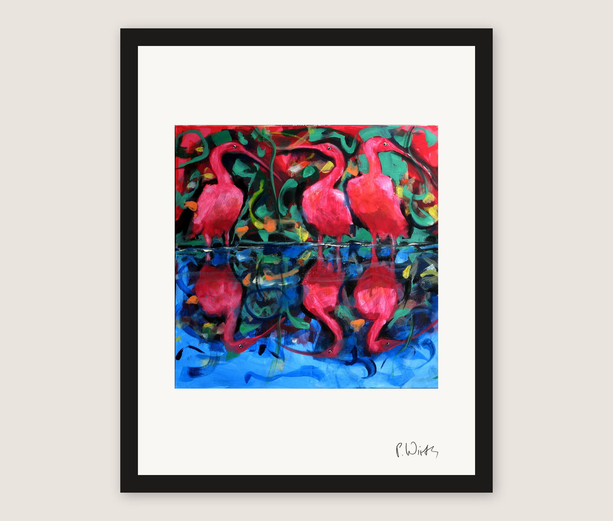 Ibises and Their Reflection by Peter Wirth, framed in black wood, no mat