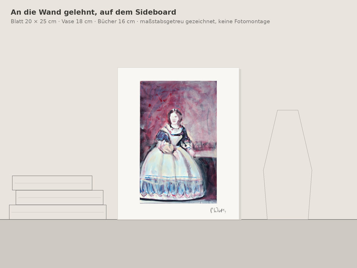 Lady Lean von Peter Wirth, an die Wand gelehnt auf einem Sideboard, maßstabsgetreu gezeichnet