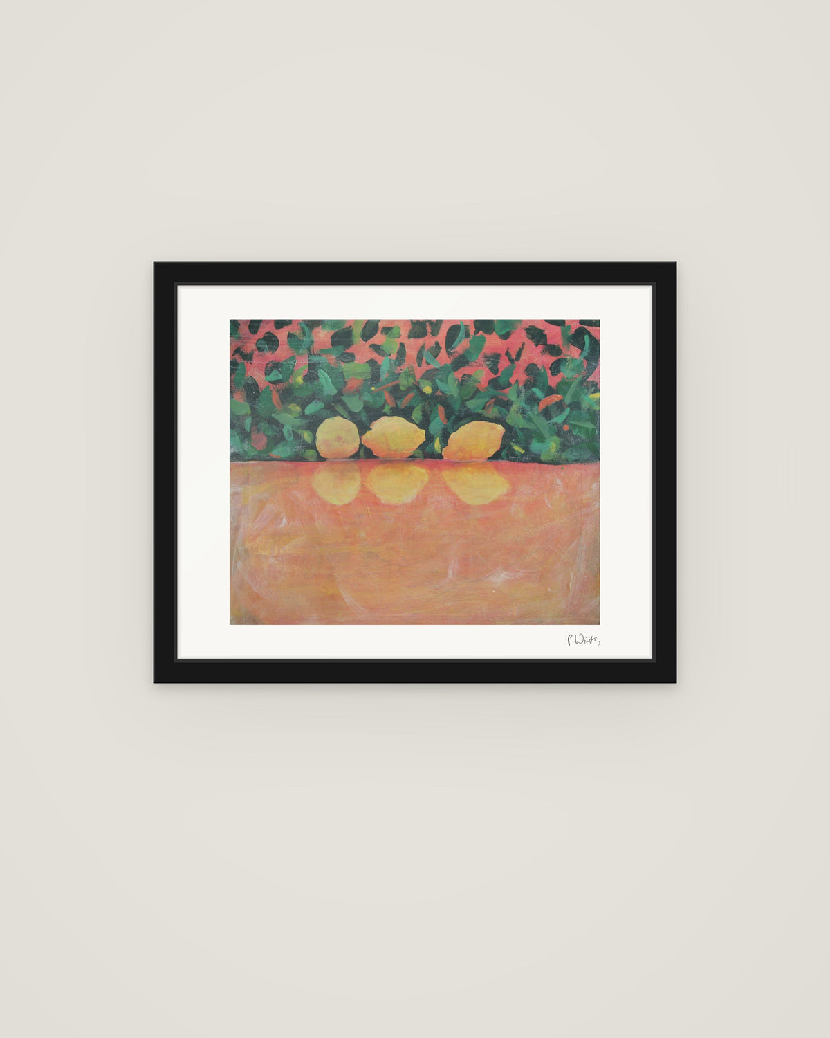 Lemons over Ochre by Peter Wirth, framed in slim black wood with acrylic glazing
