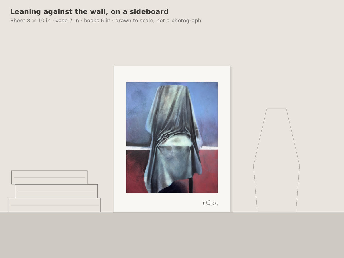 Light on the Seat by Peter Wirth, leaning against the wall on a sideboard, drawn to scale
