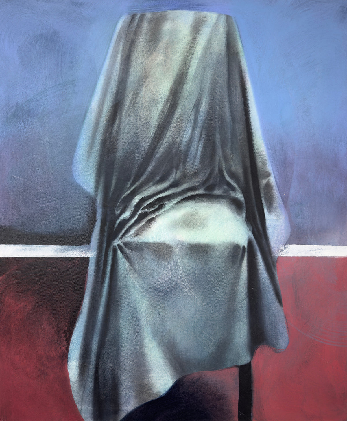 A pale cloth over a chair, every fold running toward the light at its centre — Peter Wirth