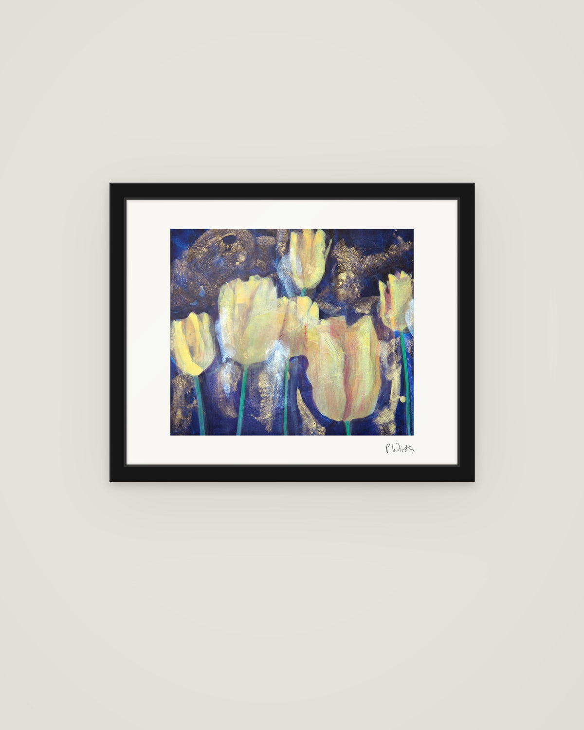 Tulips VI by Peter Wirth, framed in slim black wood with acrylic glazing