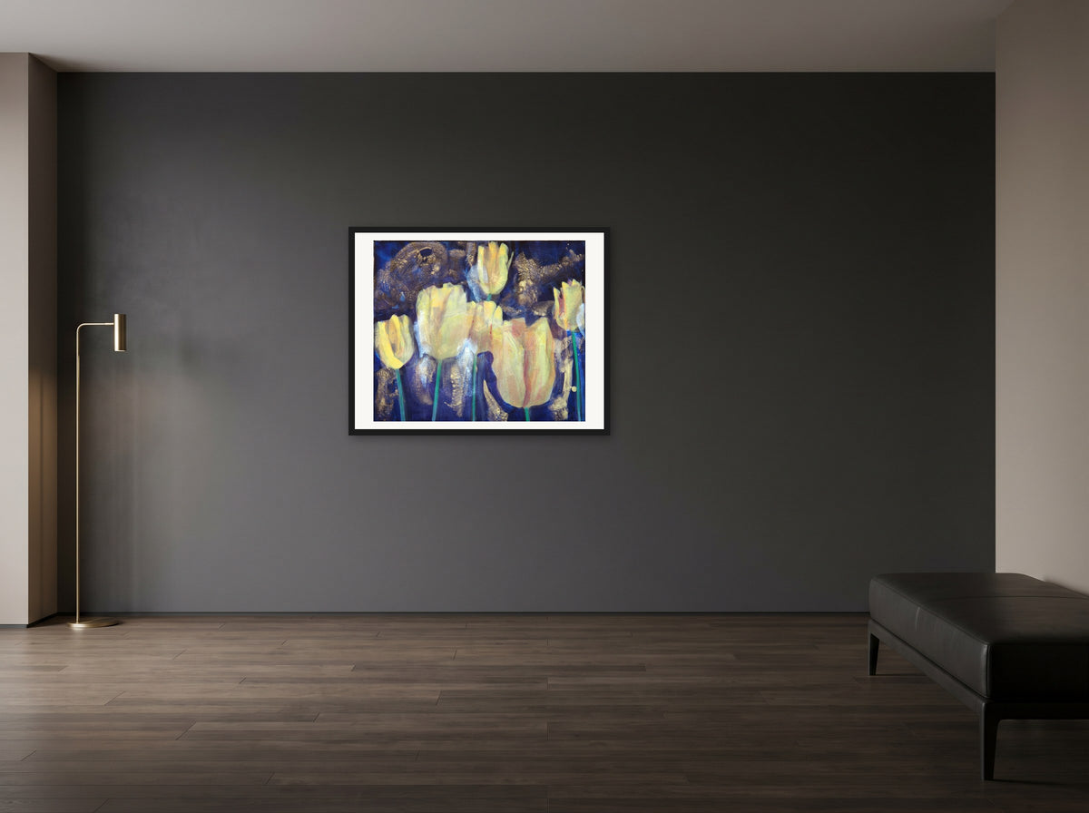 Tulips VI by Peter Wirth, framed in black wood, hanging on a wall