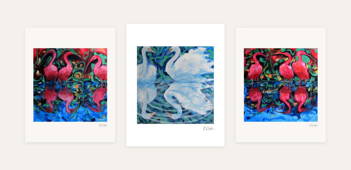 Mirrored Birds · Three – every sheet of the set with its white margin and printed signature, laid out side by side