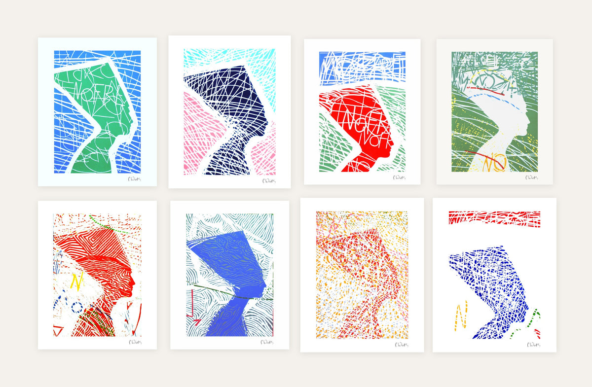 Nefertiti in Color · Eight – every sheet of the set with its white margin and printed signature, laid out side by side