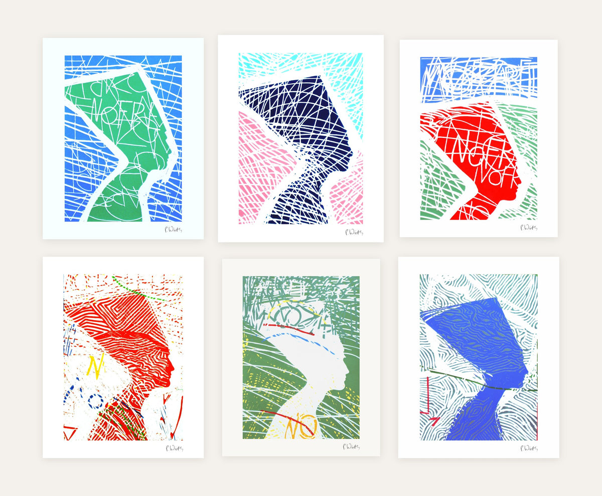 Nefertiti in Color · Six – every sheet of the set with its white margin and printed signature, laid out side by side