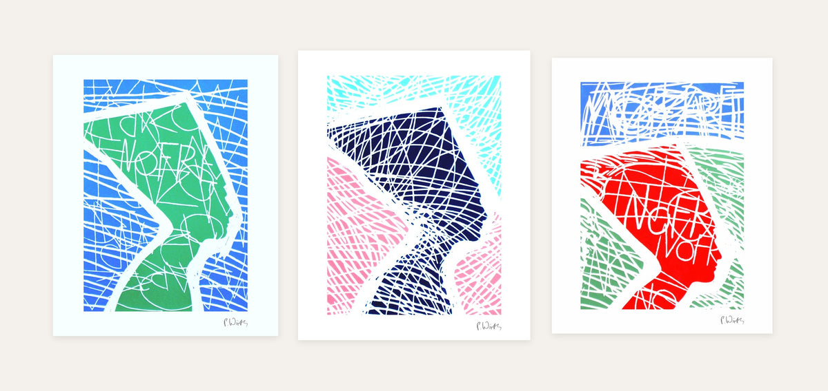 Nefertiti in Color · Three – every sheet of the set with its white margin and printed signature, laid out side by side