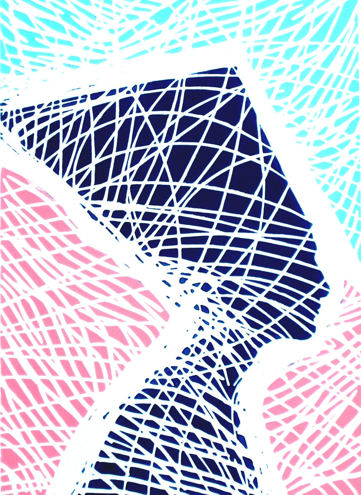 Navy against rose and turquoise. The same form, now reduced to poster-flat color — Peter Wirth