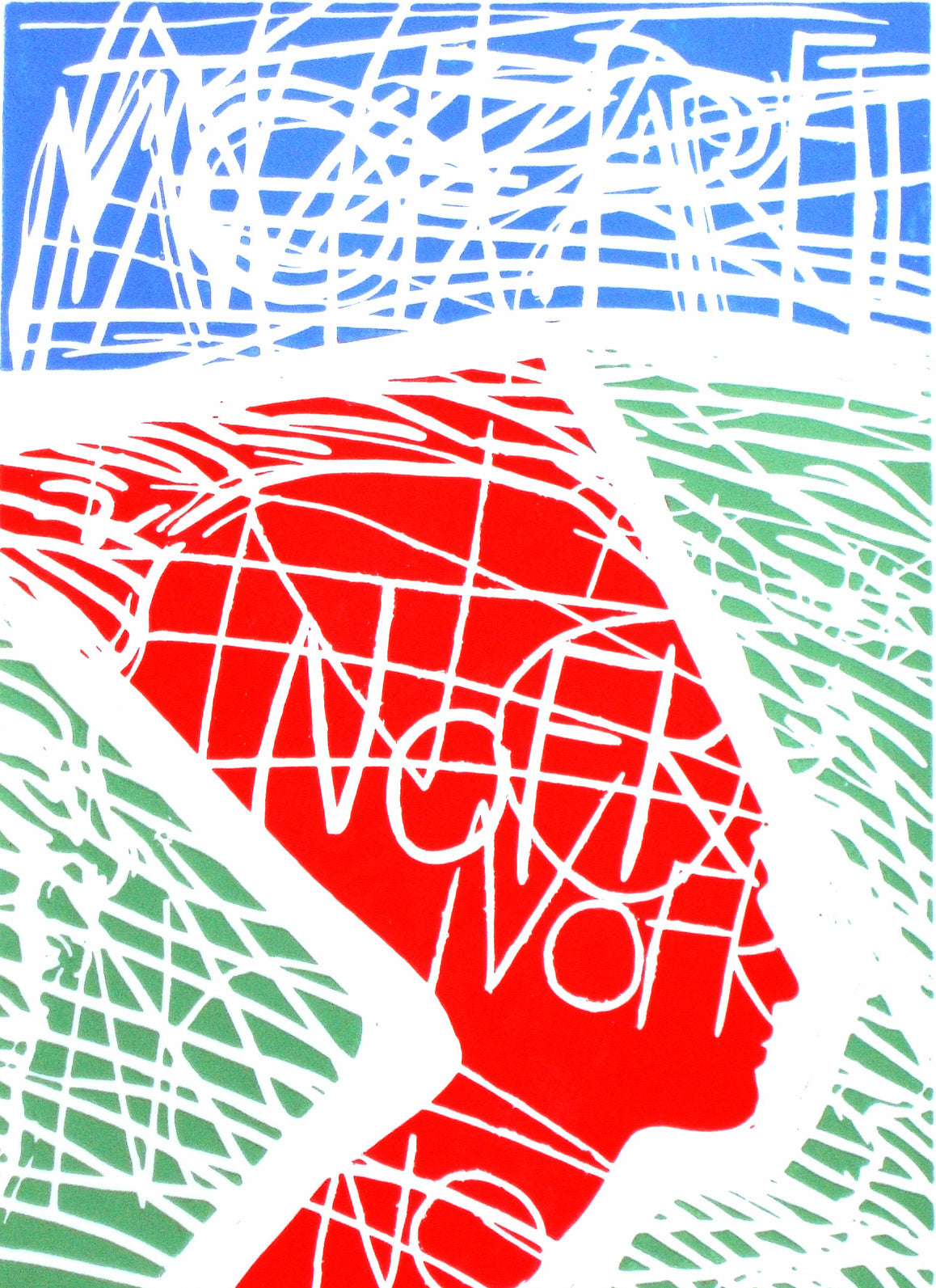 Red on sage green, with a word cut into the headdress. The loudest of the eight — Peter Wirth