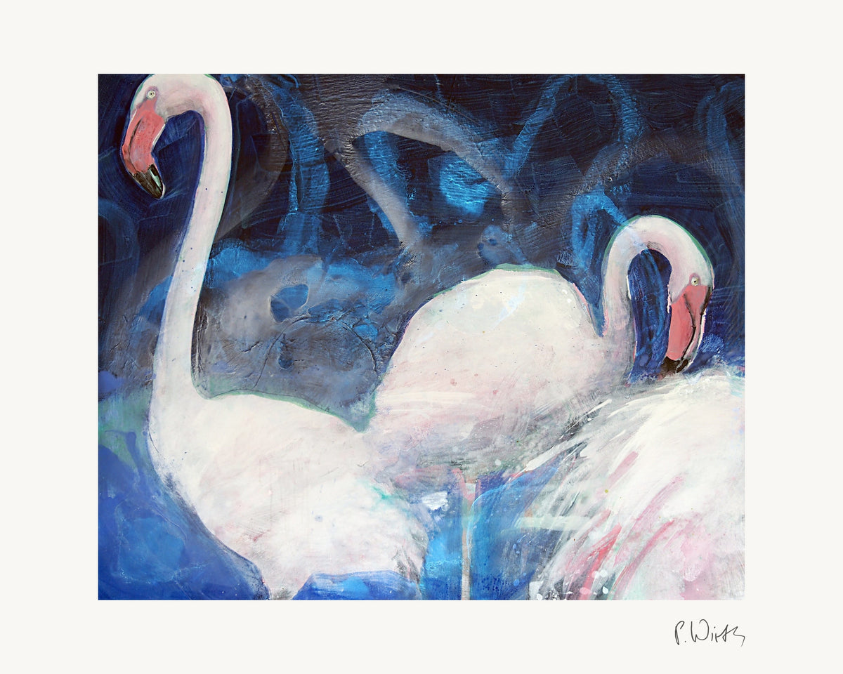 Drei Flamingos von Peter Wirth, das ganze Blatt mit weißem Rand und gedruckter Signatur