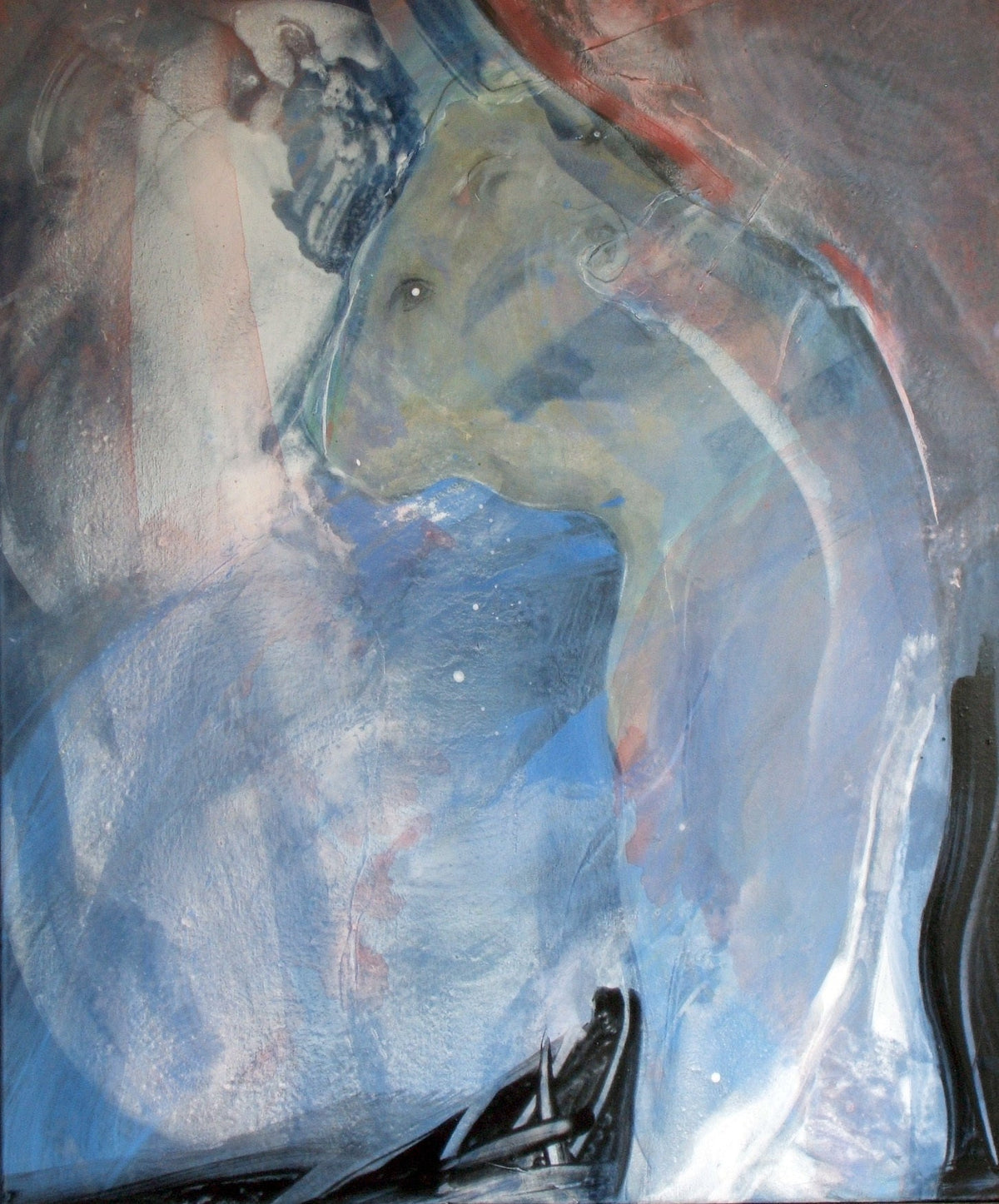 An ochre face on blue, a red stroke at the edge — Peter Wirth