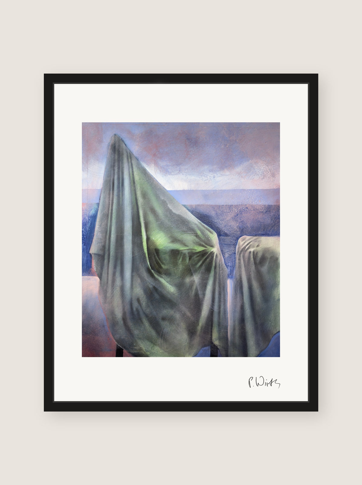 Olive Green on the Plain by Peter Wirth, framed in slim black wood with acrylic glazing, no mat