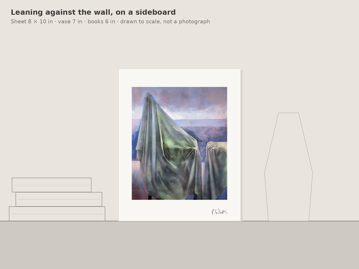 Olive Green on the Plain by Peter Wirth, leaning against the wall on a sideboard, drawn to scale