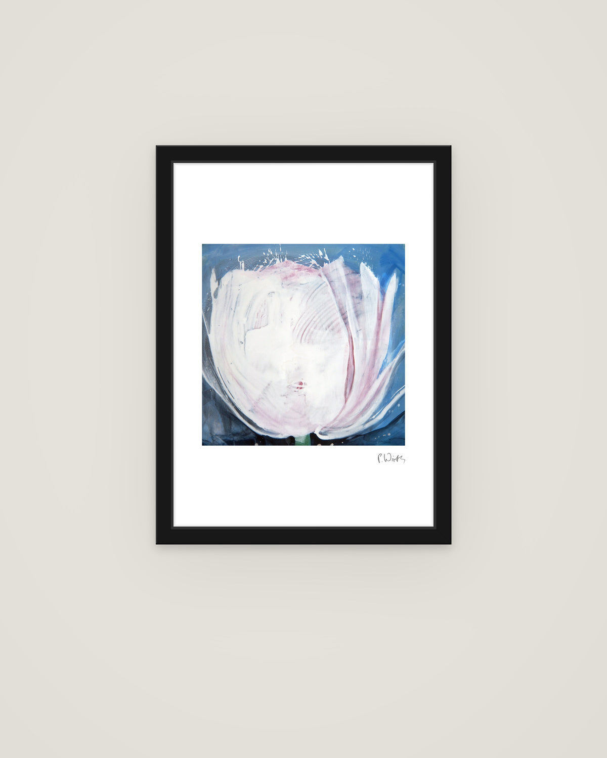 Open Tulip in the Dark by Peter Wirth, framed in slim black wood with acrylic glazing