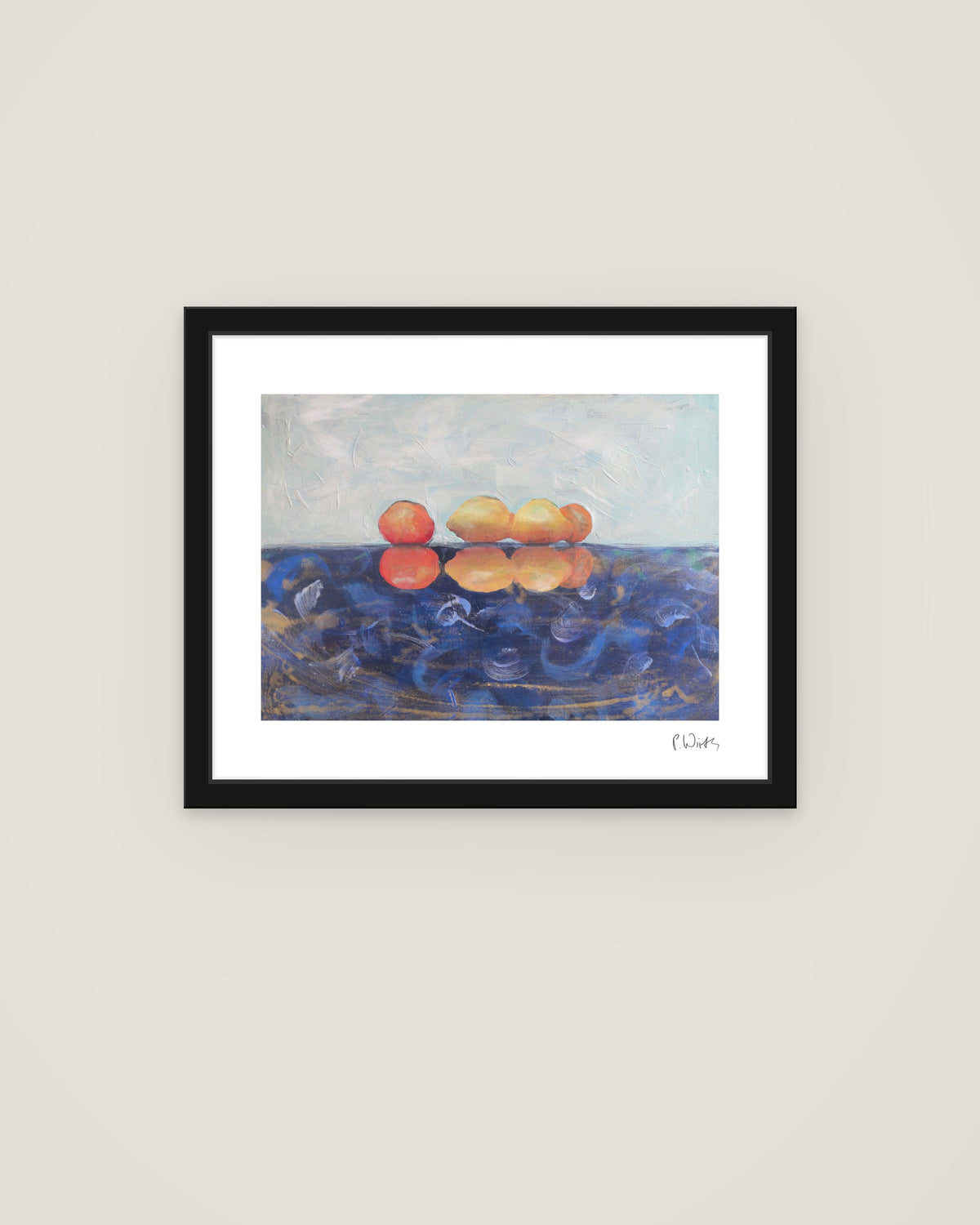 Orange Fruit on Blue by Peter Wirth, framed in slim black wood with acrylic glazing