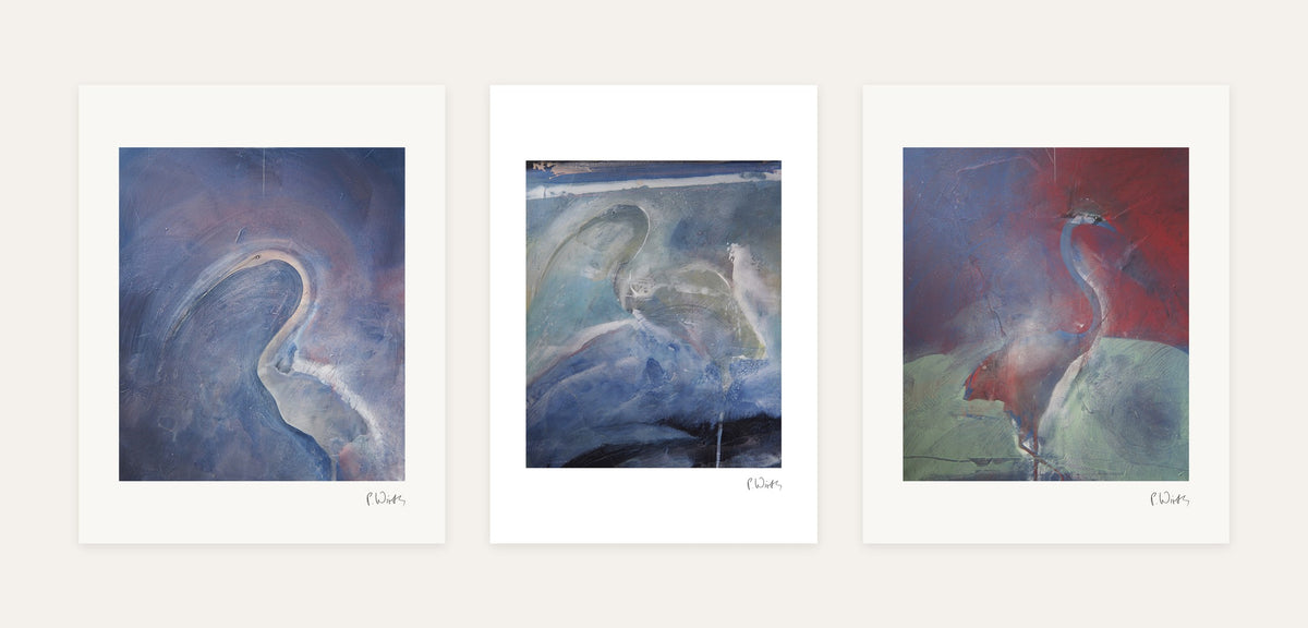 Pale Birds · Three – every sheet of the set with its white margin and printed signature, laid out side by side
