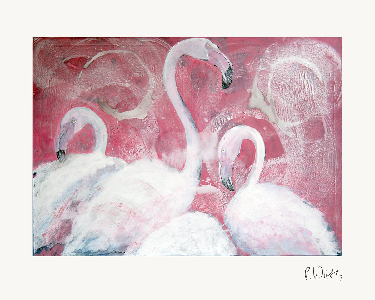 Flamingos I von Peter Wirth, das ganze Blatt mit weißem Rand und gedruckter Signatur