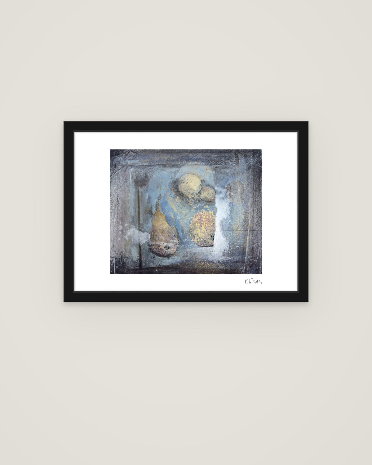 Pear and Fruits on Blue by Peter Wirth, framed in slim black wood with acrylic glazing