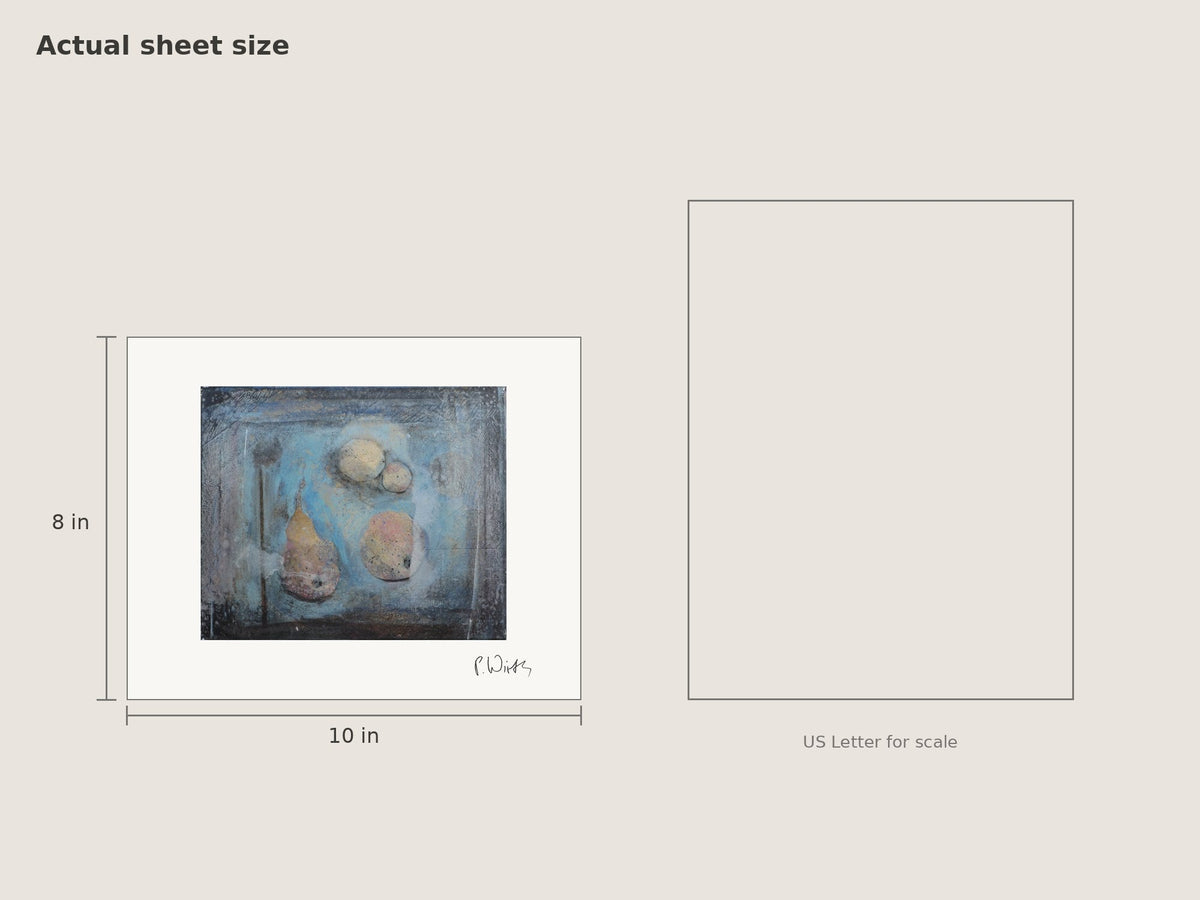 Pear and Fruits on Blue by Peter Wirth, sheet size 8 × 10 in beside a US Letter sheet