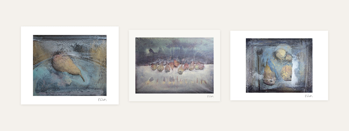 Pears · Three – every sheet of the set with its white margin and printed signature, laid out side by side