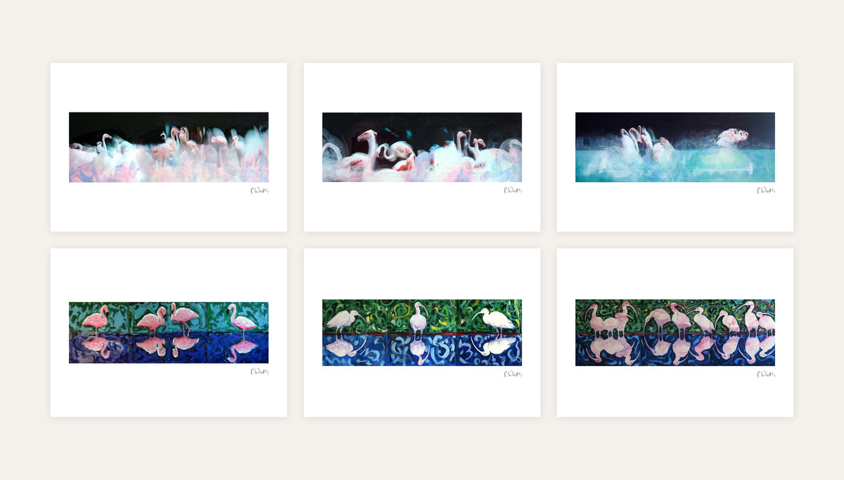 Plumage Panoramas · Six – every sheet of the set with its white margin and printed signature, laid out side by side