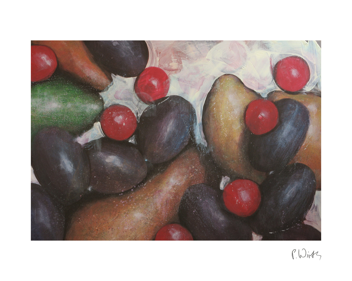 Plums and Cherries — fine art print after Peter Wirth, sheet with white border and signature