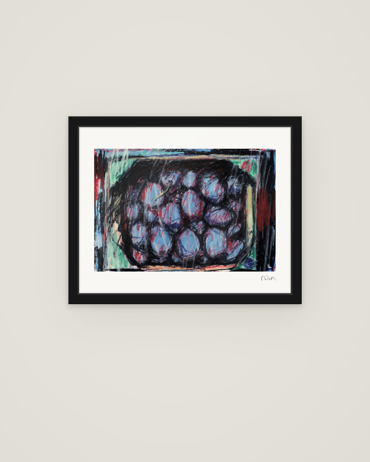 Plums in the Crate by Peter Wirth, framed in slim black wood with acrylic glazing