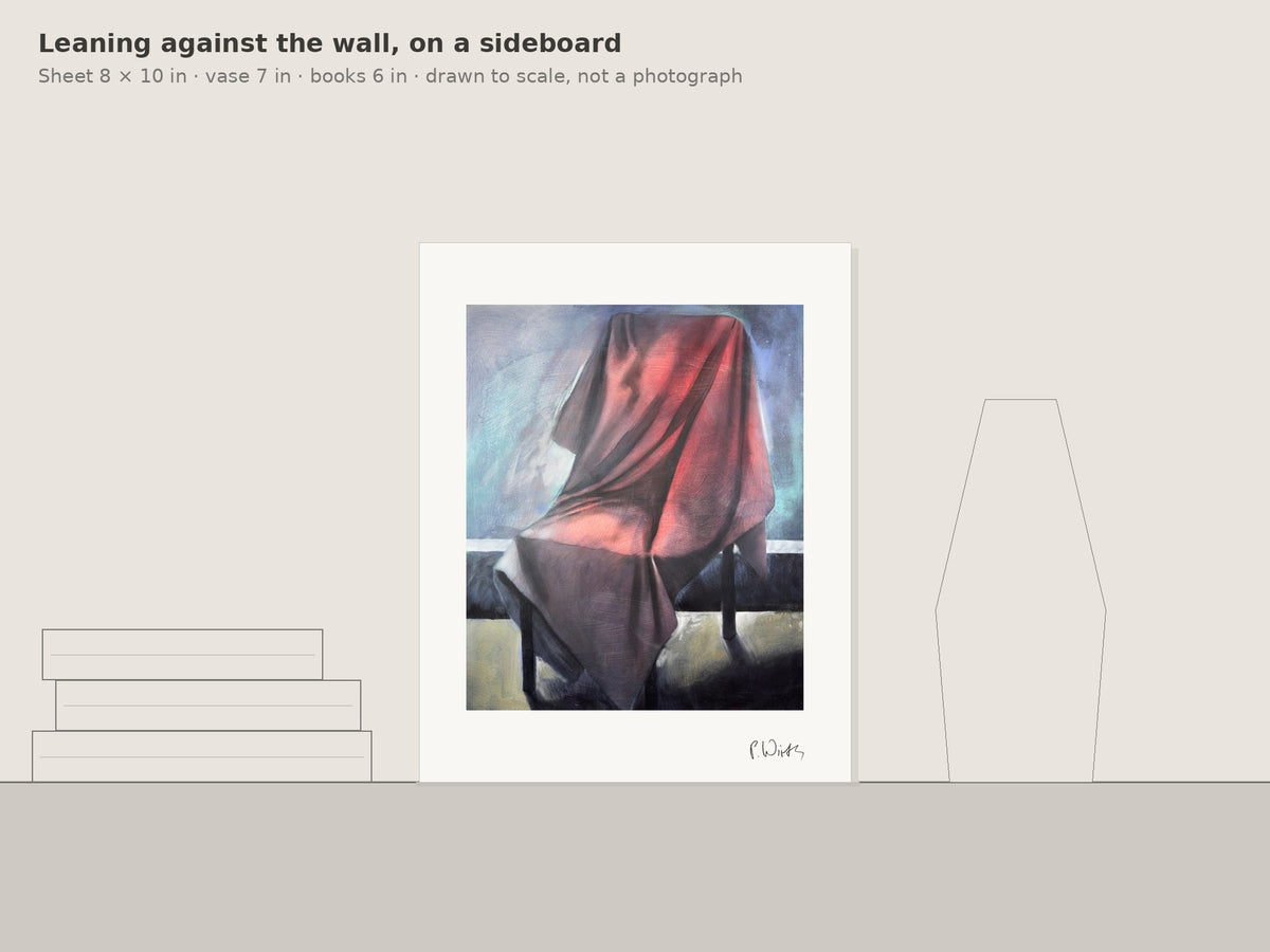 “Red Cloth, Thrown Across” by Peter Wirth, leaning against the wall on a sideboard, drawn to scale