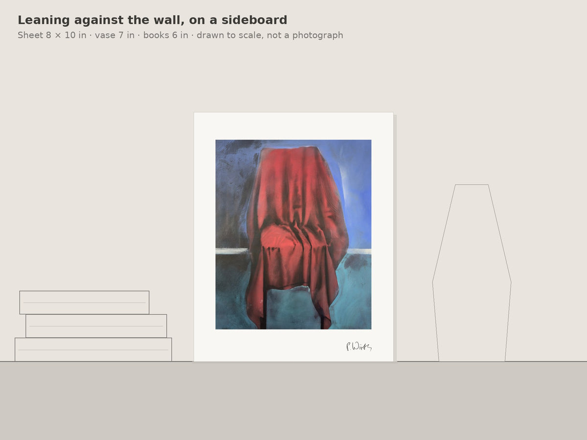 “Red, Falling Straight” by Peter Wirth, leaning against the wall on a sideboard, drawn to scale