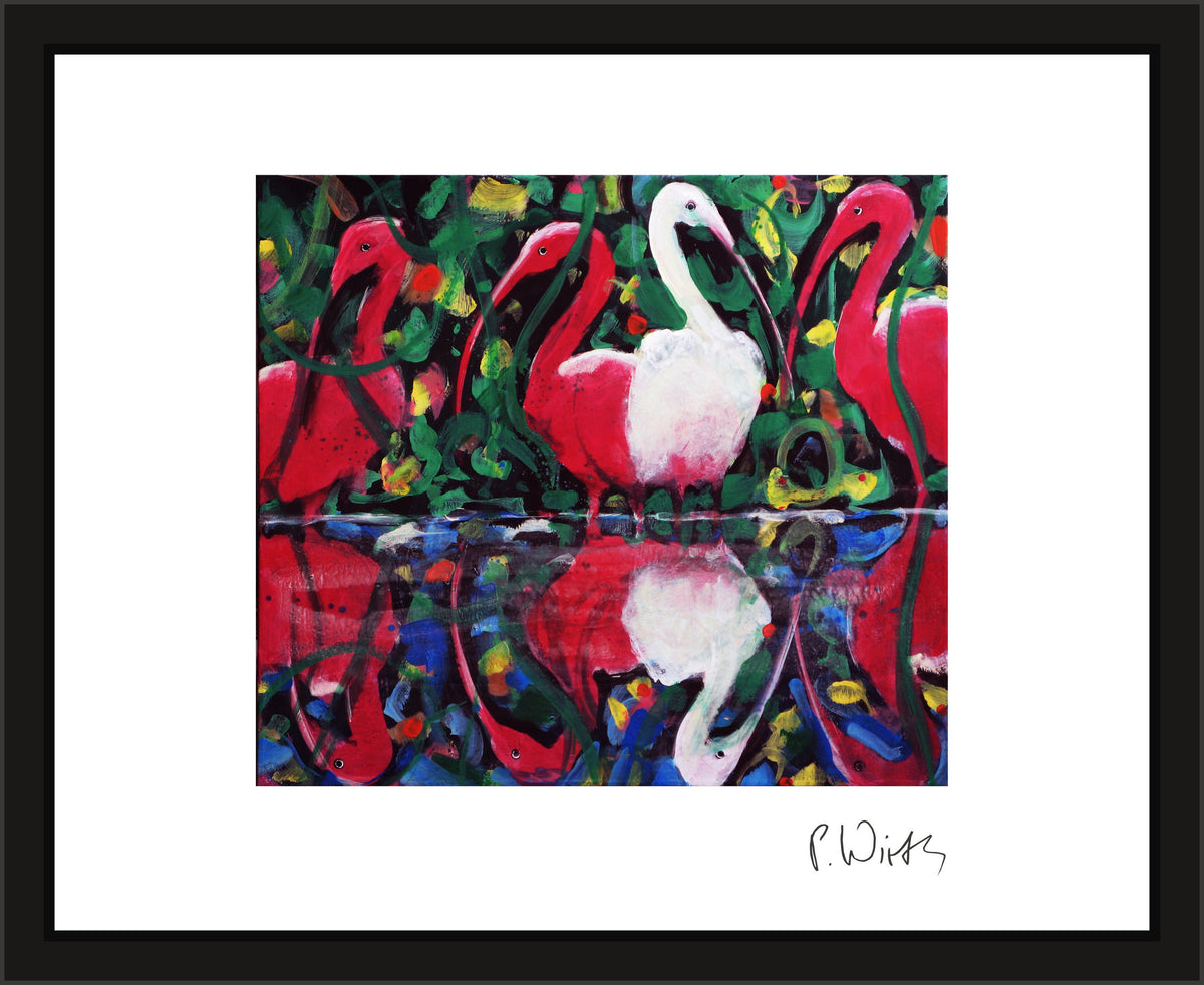Red Ibises and One White — framed in narrow black wood with acrylic glazing, no mount