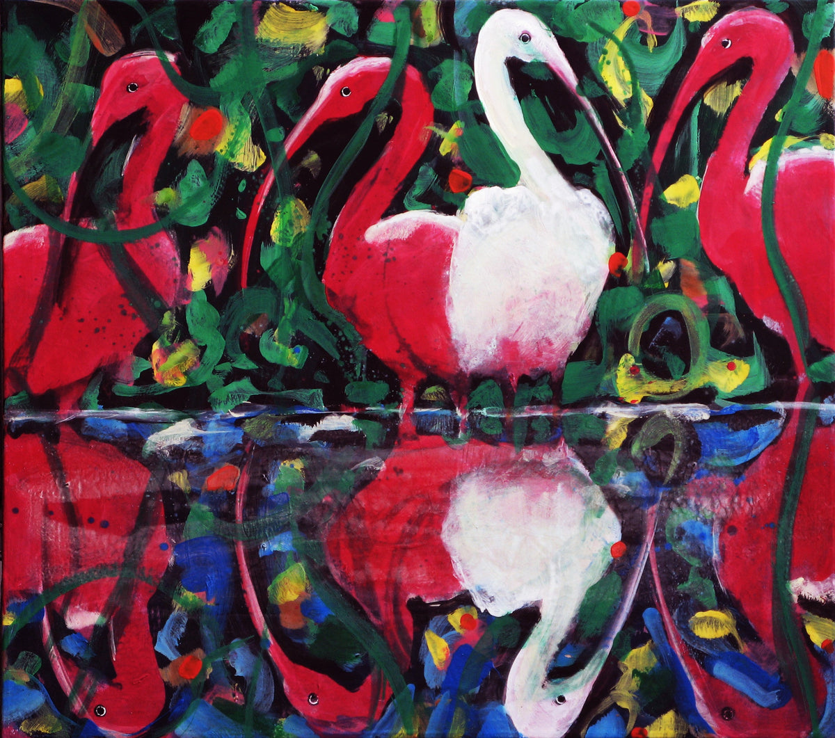 Four red ibises and one white bird stand before a dense green of leaves and tendrils — Peter Wirth