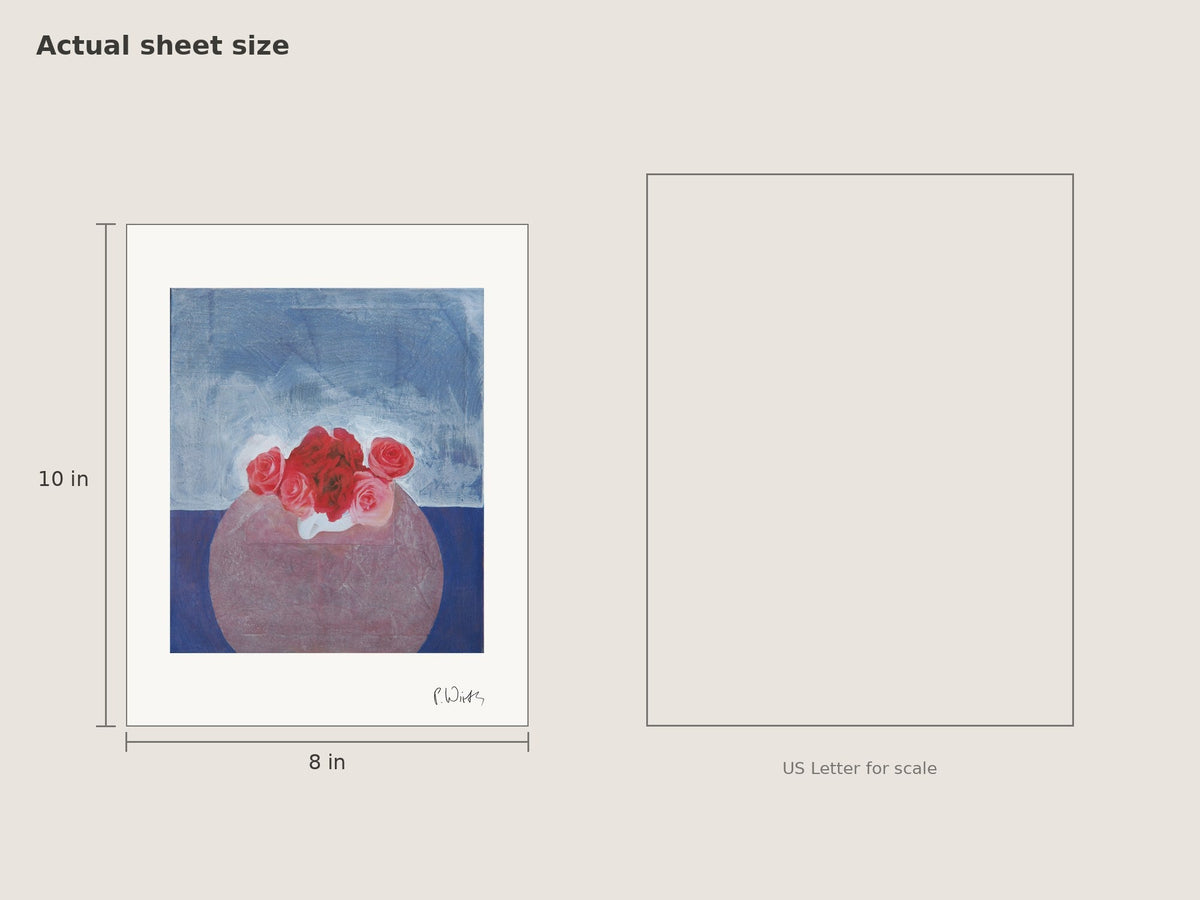 Red Roses on Blue by Peter Wirth, sheet size 8 × 10 in beside a US Letter sheet