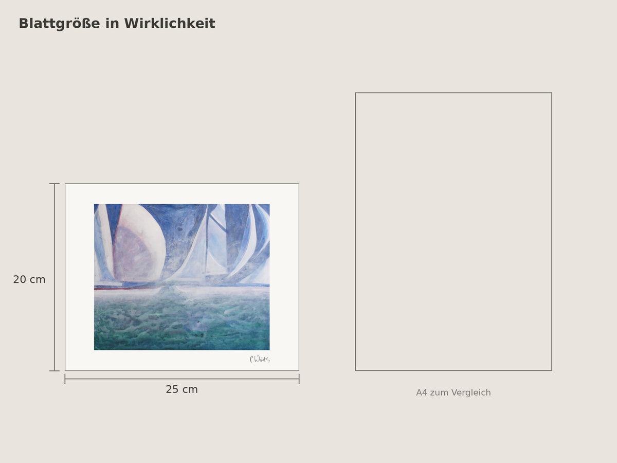 „Regatta im Dunst“ von Peter Wirth, Blattgröße 20 × 25 cm neben einem A4-Blatt