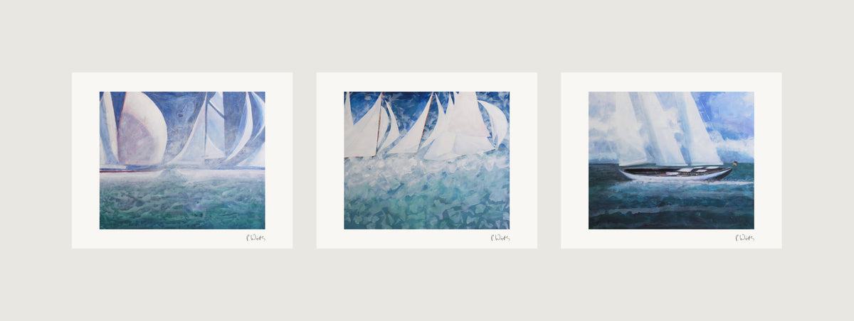 Three sheets side by side: Regatta in the Haze · Sails over Turquoise · The Dark Hull — Peter Wirth