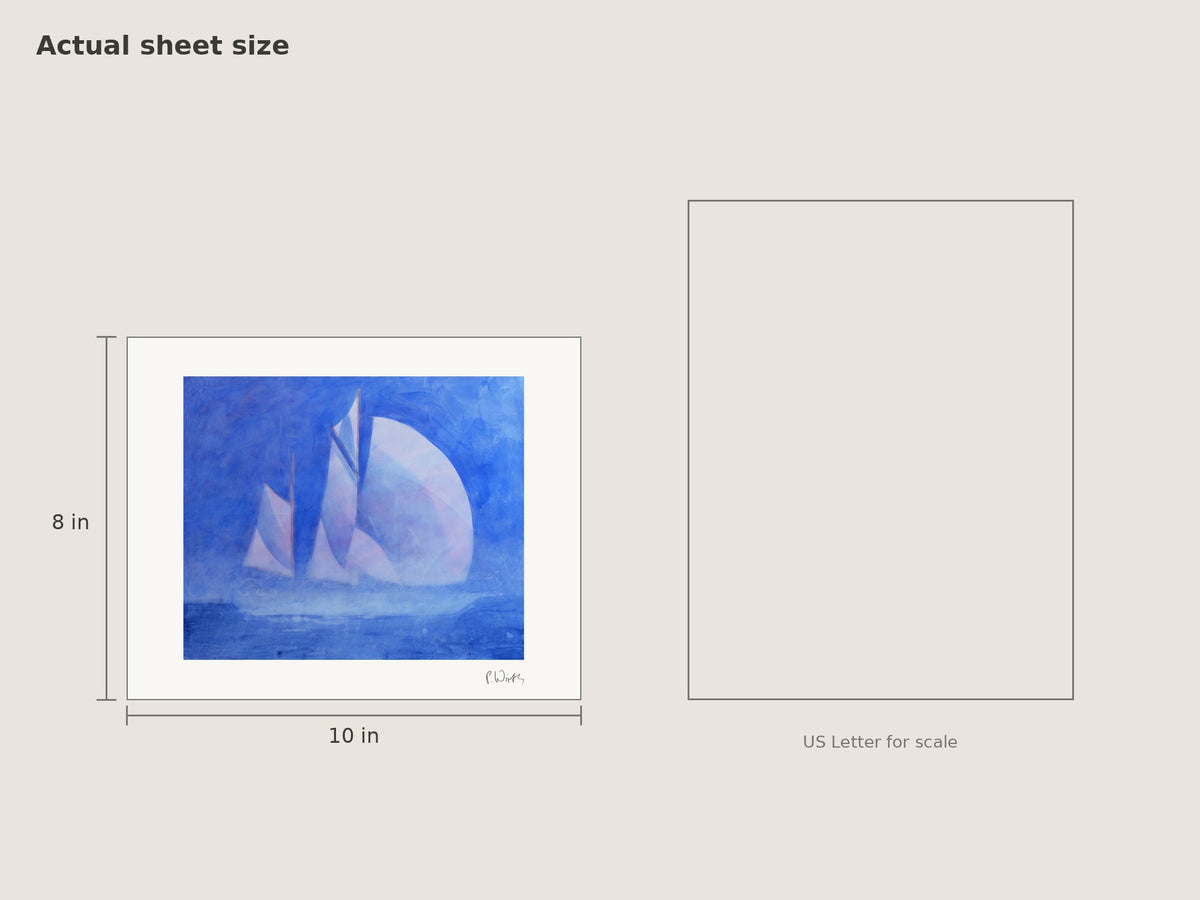 “Sails in Blue Mist” by Peter Wirth, sheet size 8 × 10 in beside a US Letter sheet
