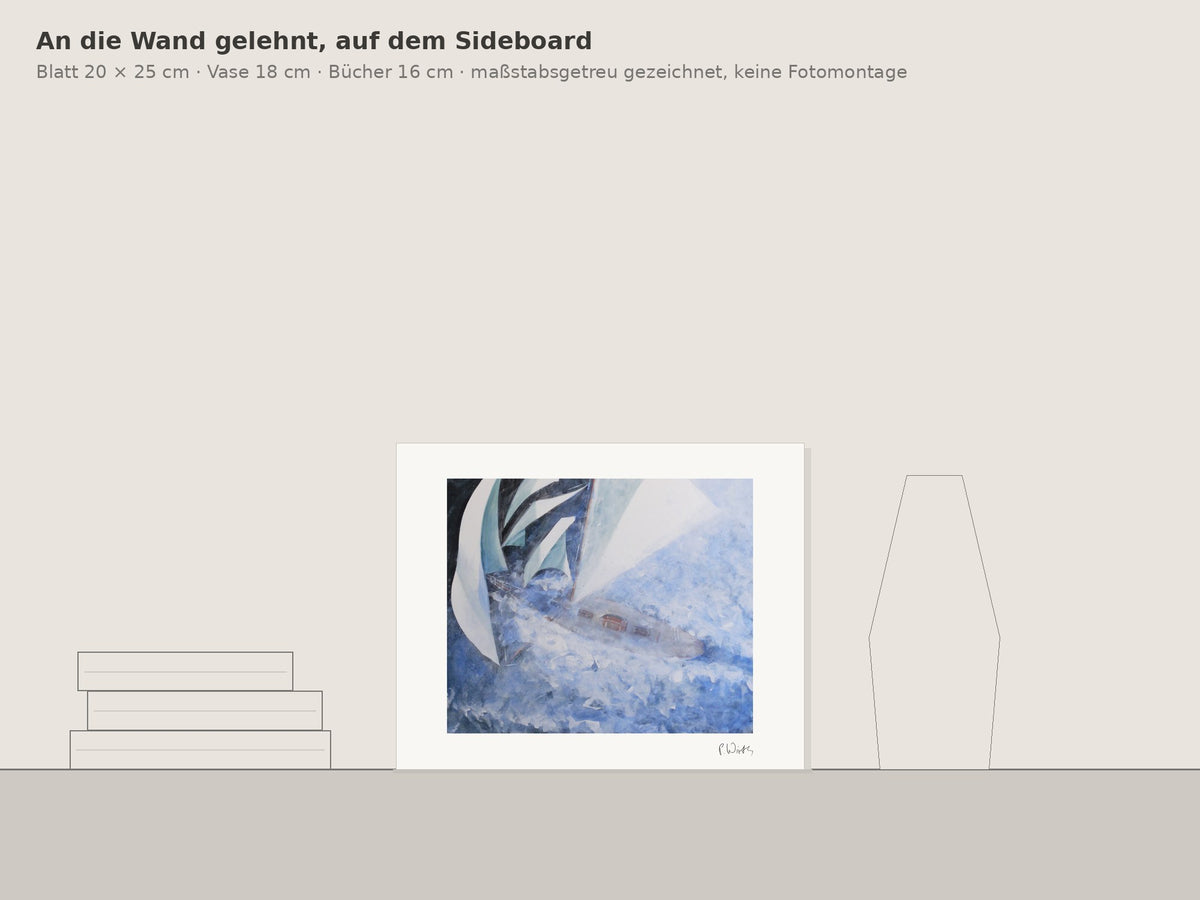 „Schräglage in der Gischt“ von Peter Wirth, an die Wand gelehnt auf einem Sideboard, maßstabsgetreu gezeichnet