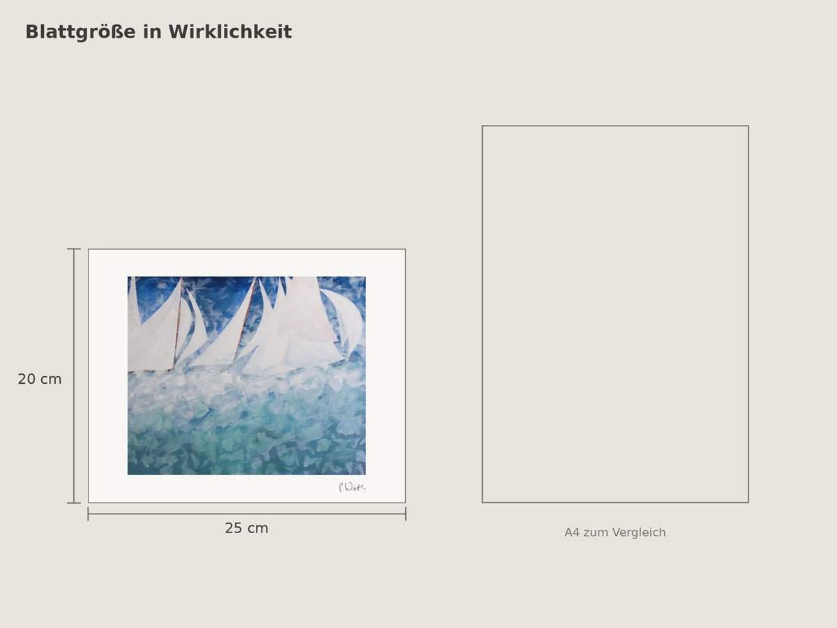 „Segel über Türkis“ von Peter Wirth, Blattgröße 20 × 25 cm neben einem A4-Blatt