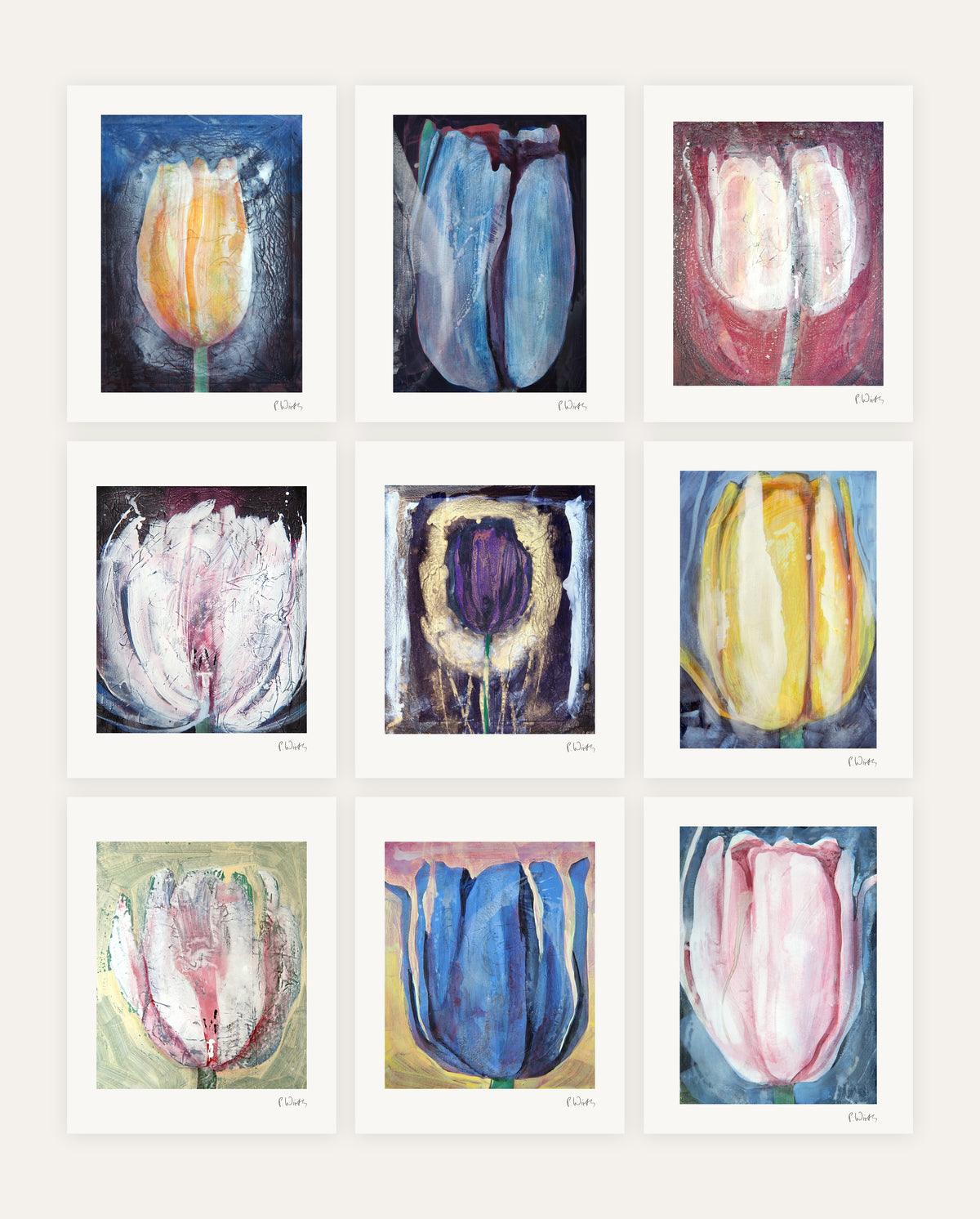 One Bloom · Nine – every sheet of the set with its white margin and printed signature, laid out side by side