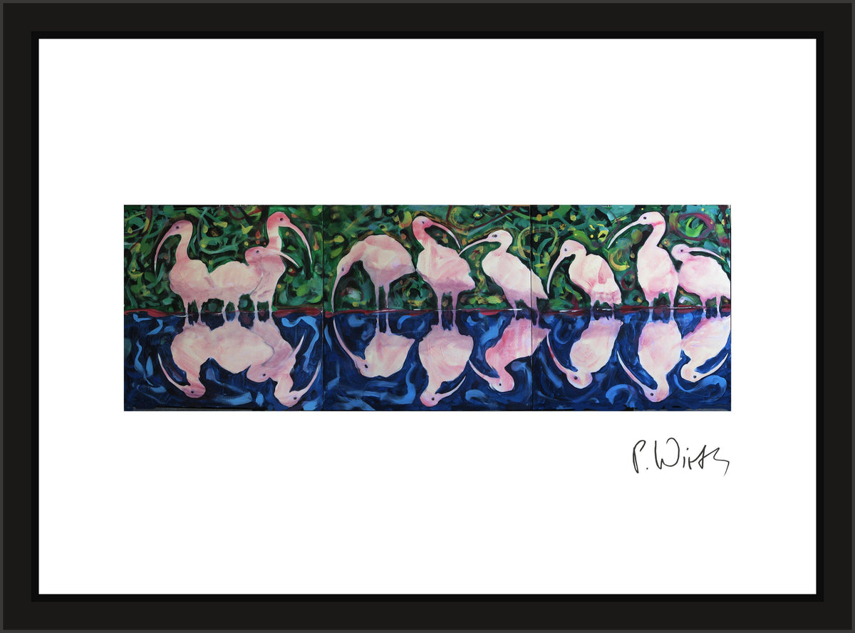 Die Flamingoreihe — gerahmt in schmalem schwarzem Holz mit Acrylglas, ohne Passepartout