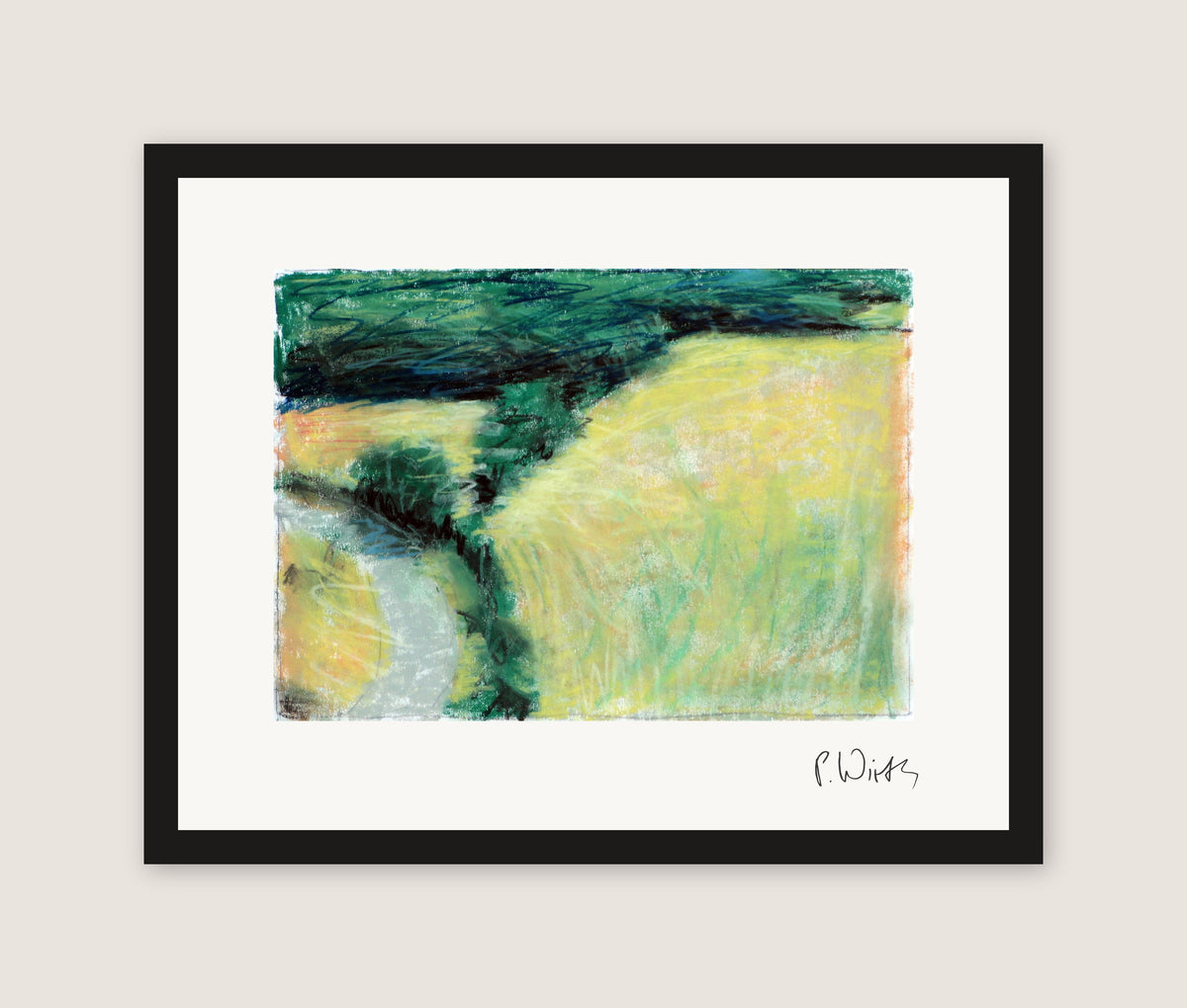 The Path by the Yellow Field by Peter Wirth, framed in black wood, no mat