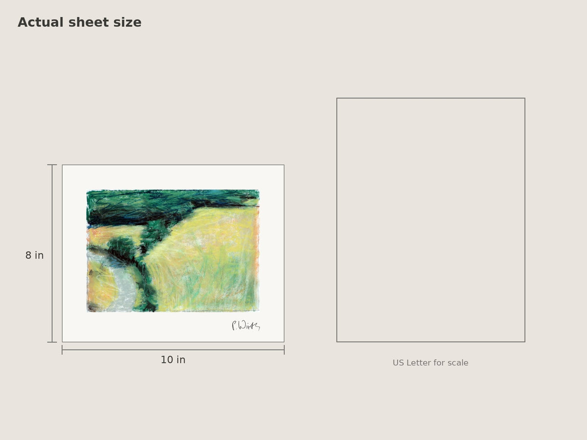 The Path by the Yellow Field by Peter Wirth, sheet size 8 × 10 in beside a US Letter sheet