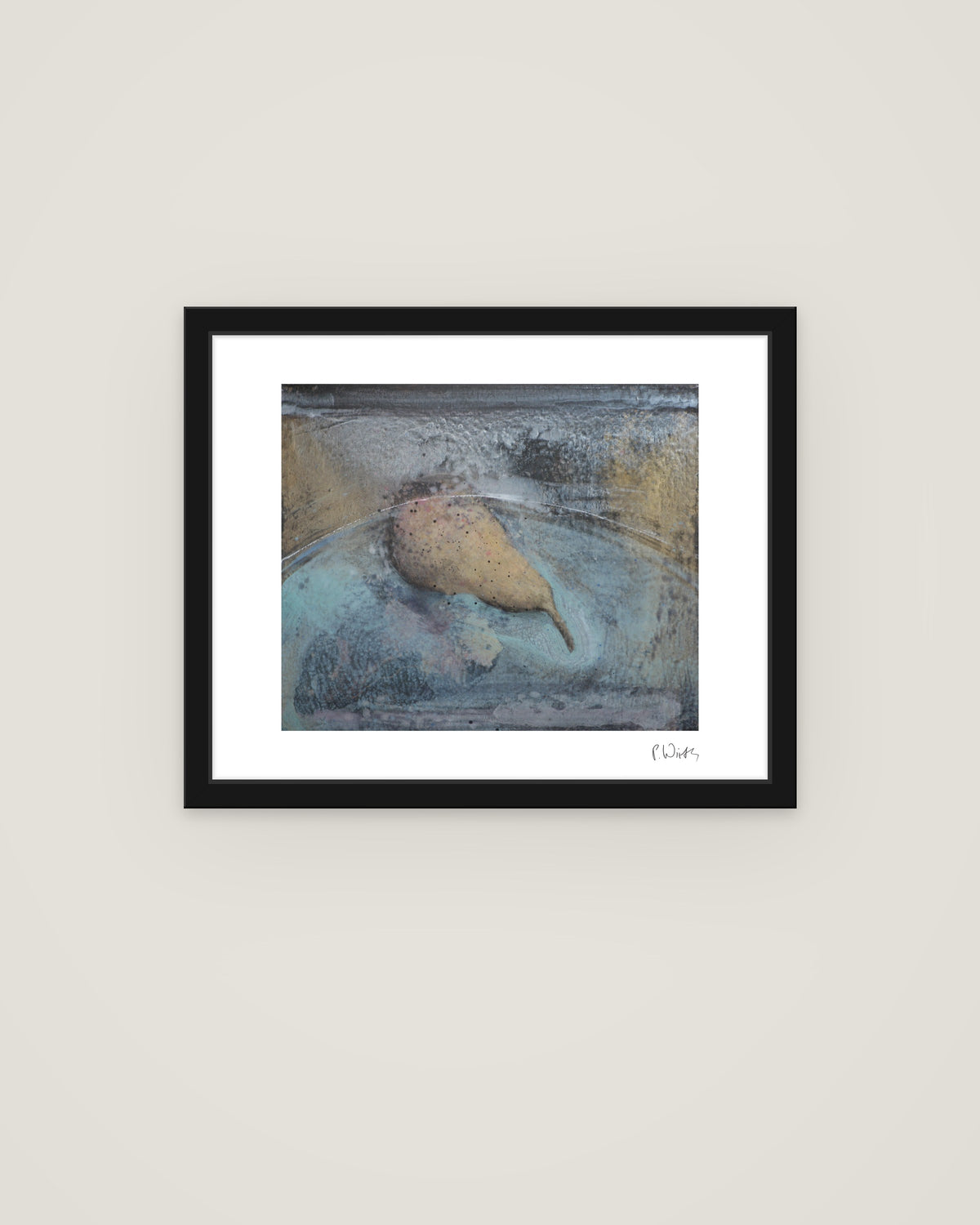 The Pear in the Dark by Peter Wirth, framed in slim black wood with acrylic glazing