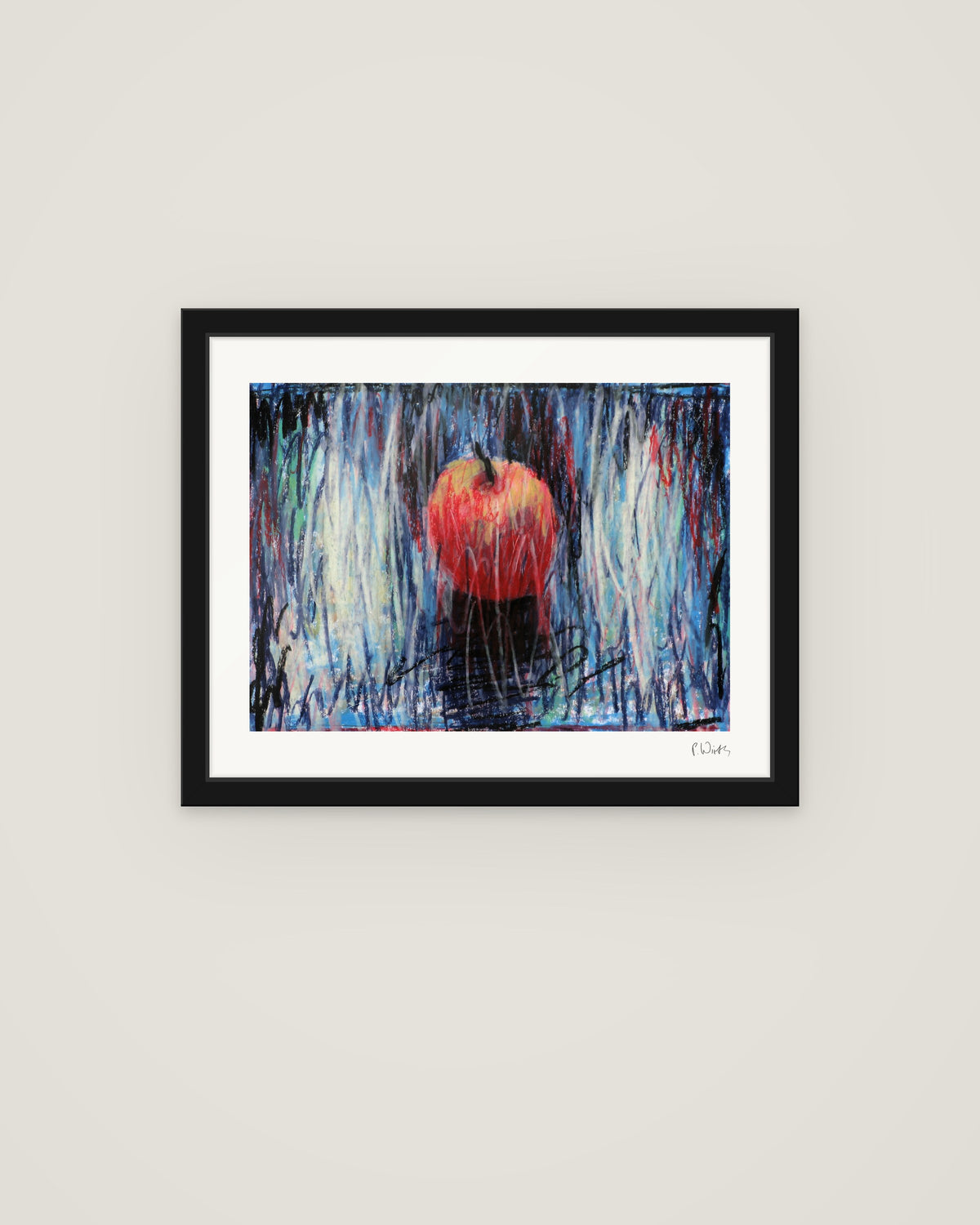 The Red Apple by Peter Wirth, framed in slim black wood with acrylic glazing